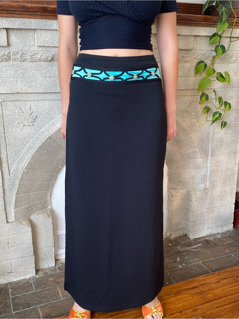 Black Maxi Skirt with Turquoise Accent Waistband